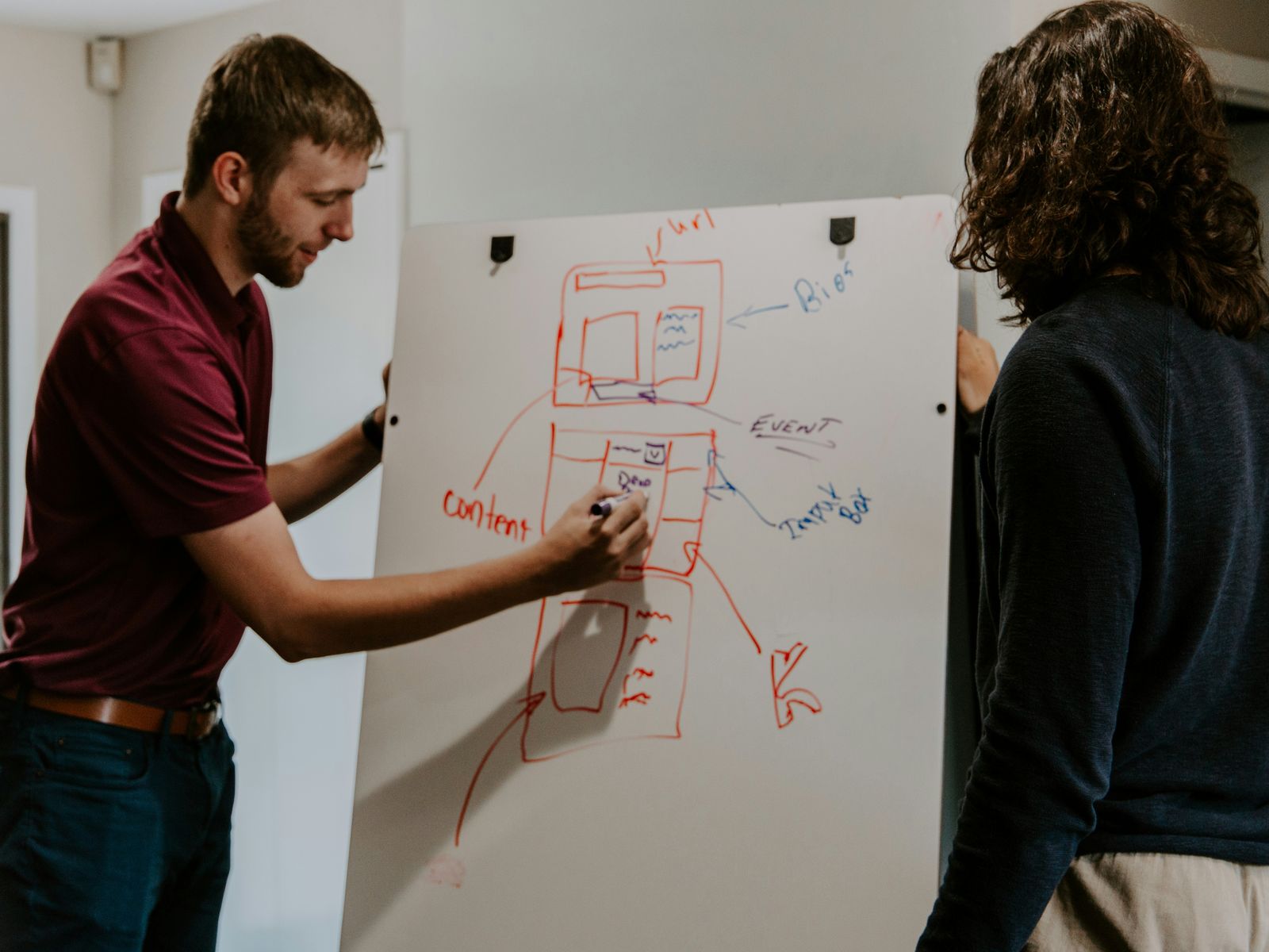 Two consultants mapping a commercial question on a whiteboard